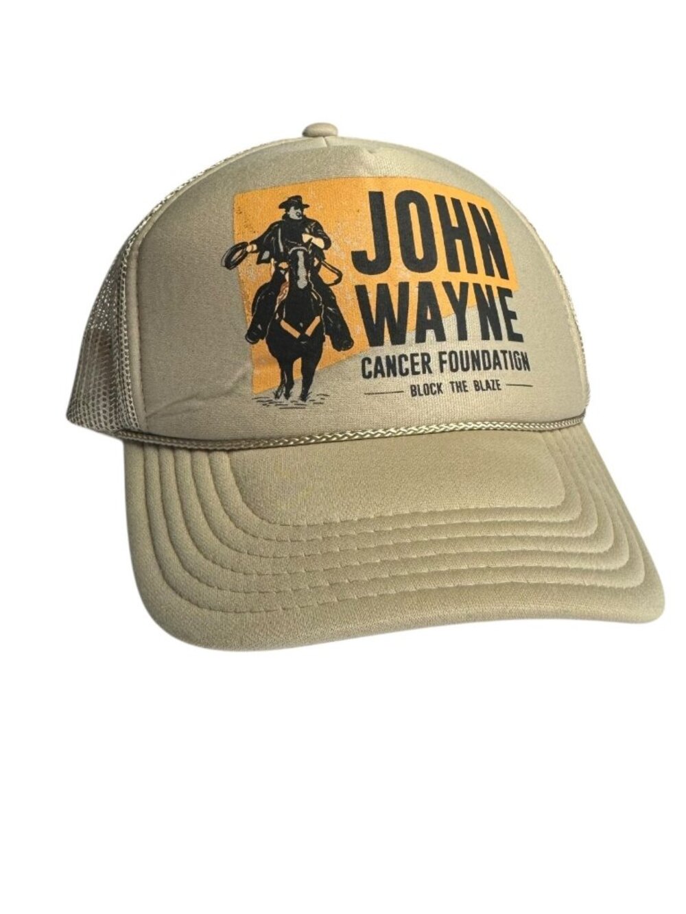 VTG John Wayne Hat Cancer Foundation Block the Blaze Trucker Mesh Back Tan